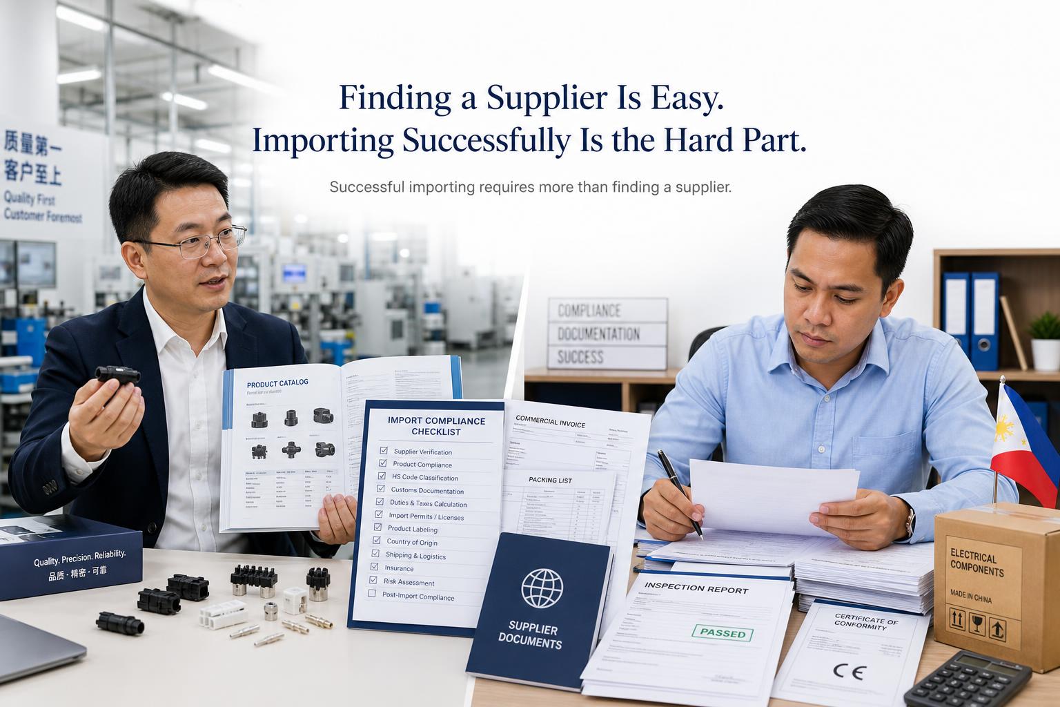 Split-screen scene with a Chinese supplier presenting product samples and catalog on the left and a Filipino importer reviewing customs, compliance, and shipping documents on the right.