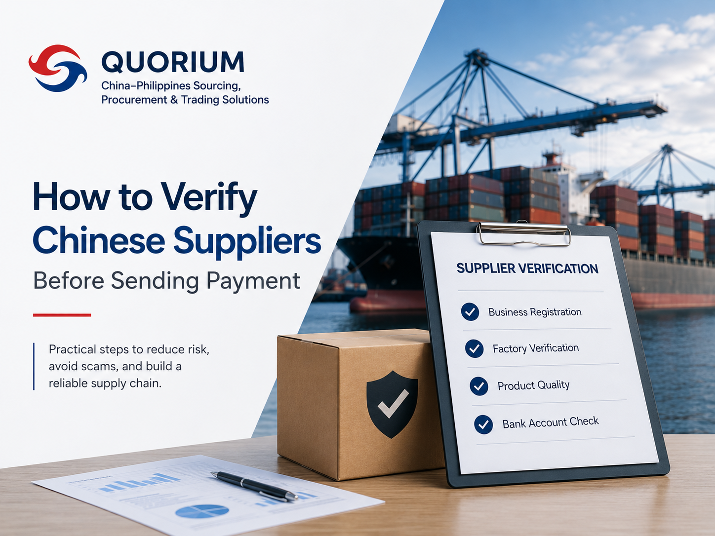 Quorium guide cover - How to Verify Chinese Suppliers Before Sending Payment with supplier verification checklist