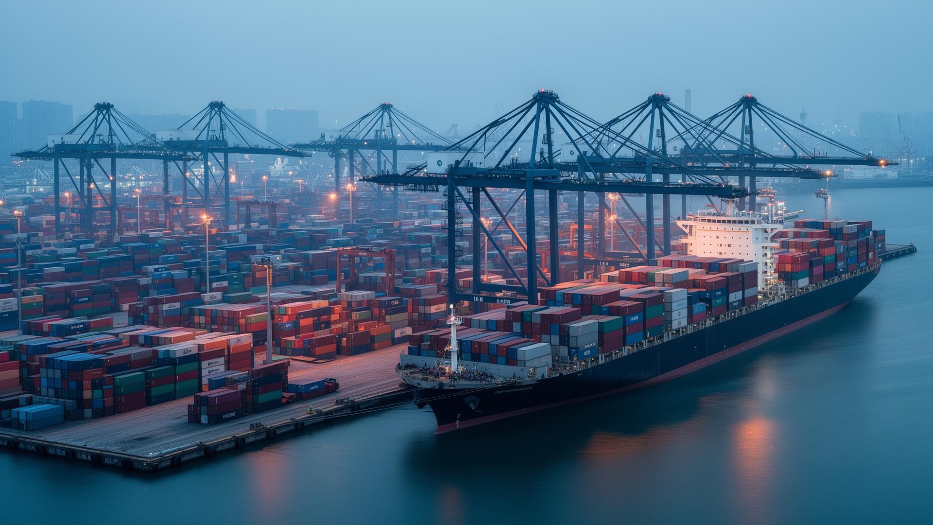 Container port at dusk