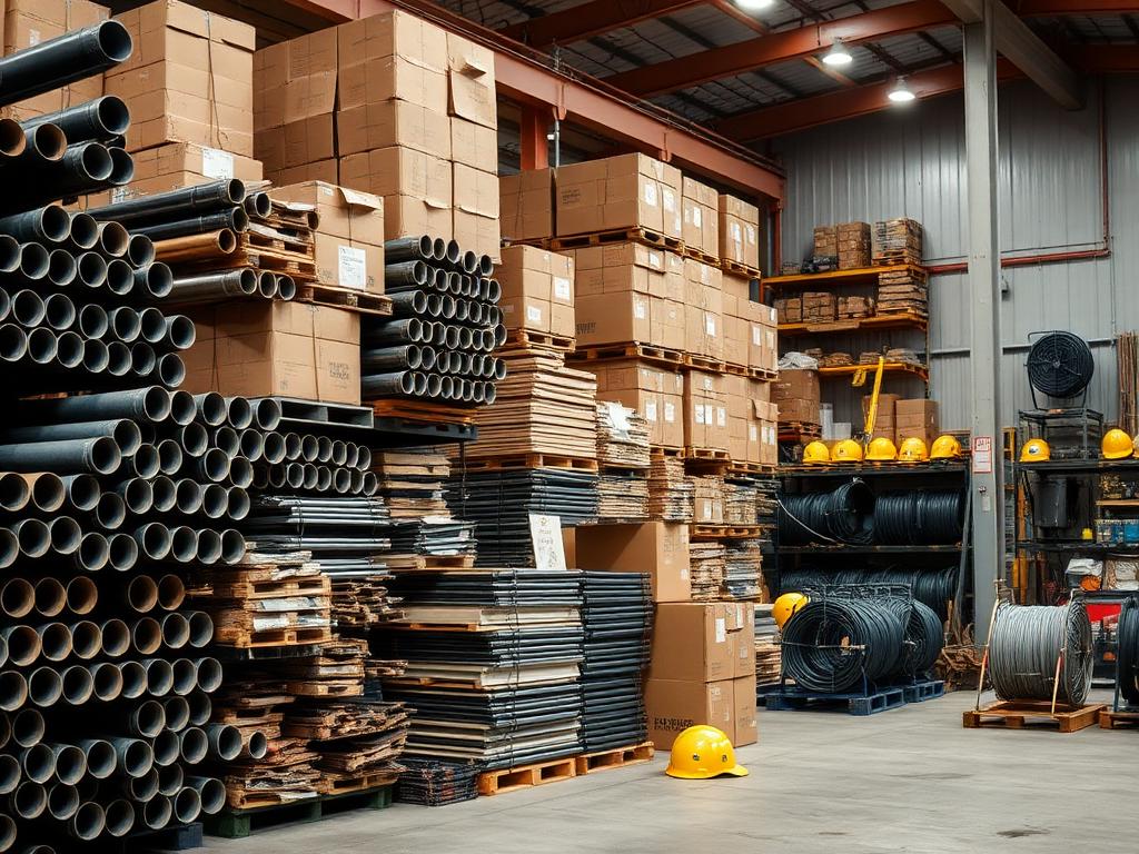 Construction materials and hardware in a supply warehouse