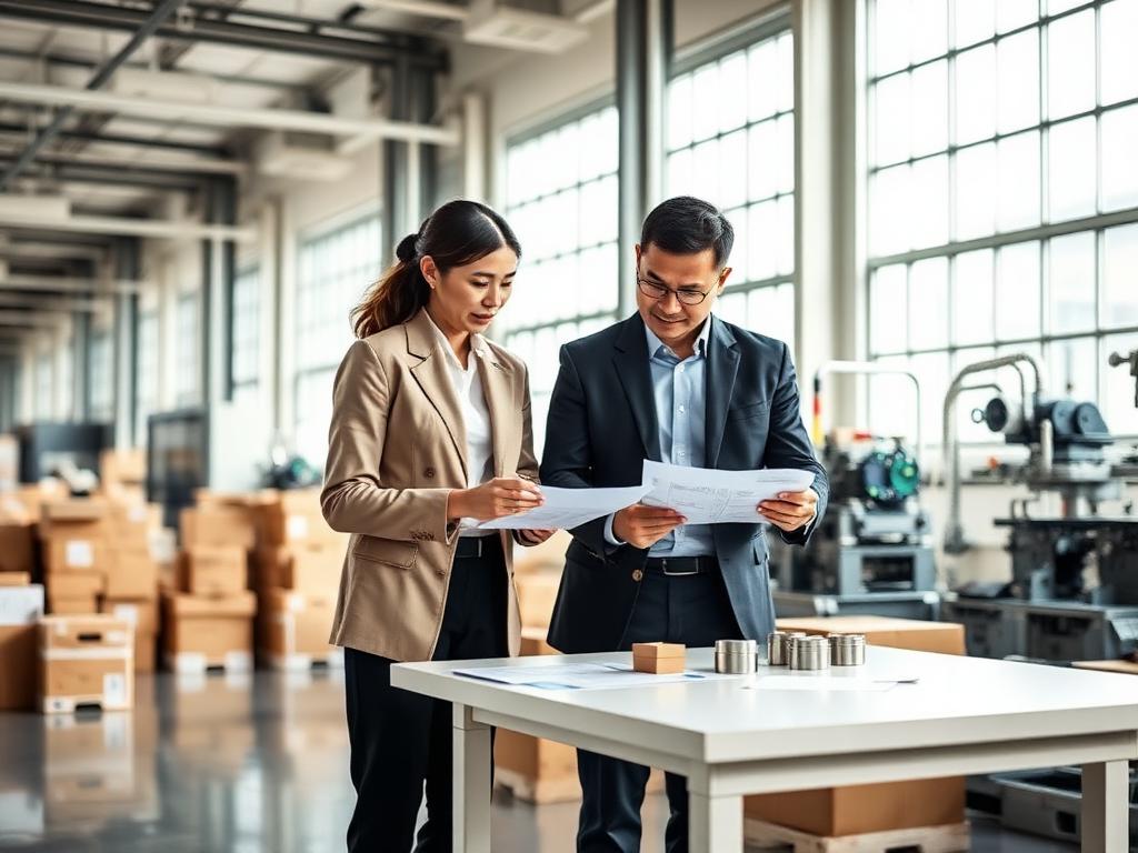 Chinese manufacturer and business representative reviewing product documents in a factory setting