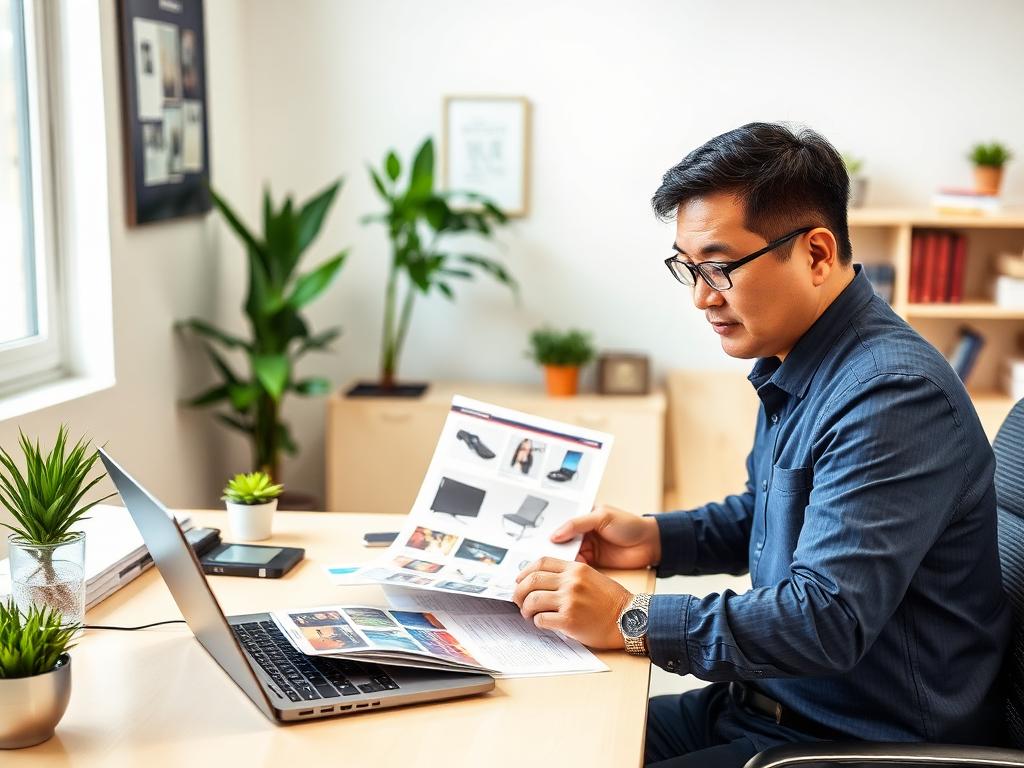 Philippine business owner reviewing sourcing documents and product catalogues in an office