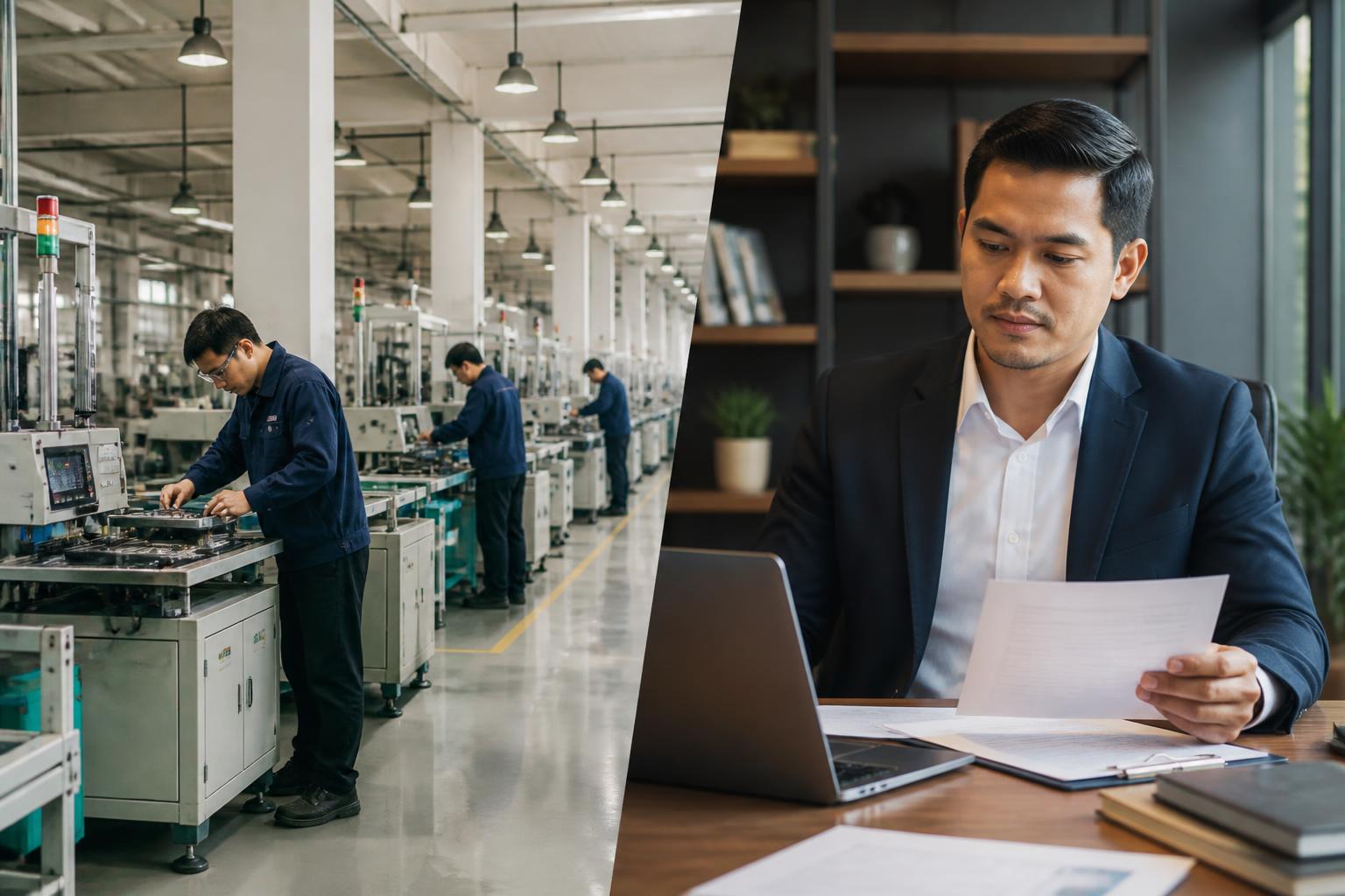 Split-screen view of a Chinese manufacturing facility and a Filipino business professional reviewing procurement documents